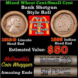 Mixed small cents 1c orig shotgun roll, 1918-d Wheat Cent, 1895 Indian Cent other end