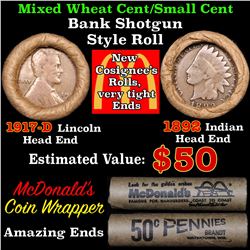 Mixed small cents 1c orig shotgun roll, 1917-d Wheat Cent, 1892 Indian Cent other end