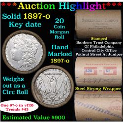 ***Auction Highlight*** Full solid Key date 1897-o Morgan silver dollar roll, 20 coins (fc)