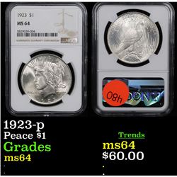 NGC 1923-p Peace Dollar $1 Graded ms64 By NGC