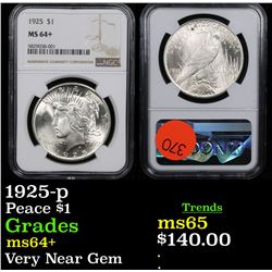 NGC 1925-p Peace Dollar $1 Graded ms64+ By NGC