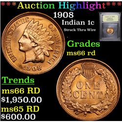***Auction Highlight*** 1908 Indian Cent 1c Graded GEM+ Unc RD By USCG (fc)