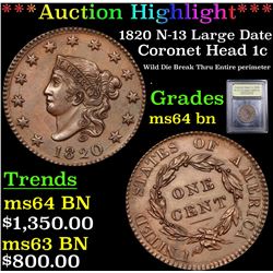 ***Auction Highlight*** 1820 N-13 Large Date Coronet Head Large Cent 1c Graded Choice Unc BN By USCG