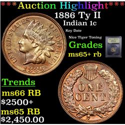 ***Auction Highlight*** 1886 Ty II Indian Cent 1c Graded Gem+ Unc RB By USCG (fc)