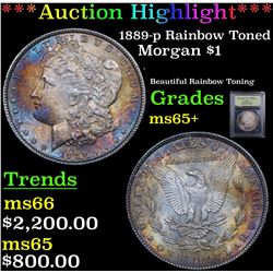 ***Auction Highlight*** 1889-p Rainbow Toned Morgan Dollar $1 Graded GEM+ Unc By USCG (fc)