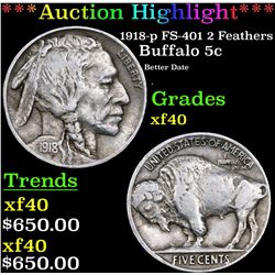 ***Auction Highlight*** 1918-p FS-401 2 Feathers Buffalo Nickel 5c Grades xf (fc)