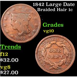 1842 Large Date Braided Hair Large Cent 1c Grades vg+