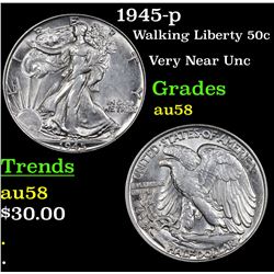 1945-p Walking Liberty Half Dollar 50c Grades Choice AU/BU Slider