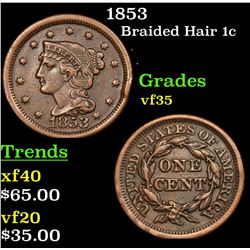 1853 Braided Hair Large Cent 1c Grades vf++