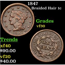 1847 Braided Hair Large Cent 1c Grades vf++