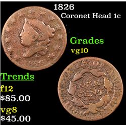 1826 Coronet Head Large Cent 1c Grades vg+