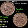 Image 1 : 1838 Coronet Head Large Cent 1c Grades vf+