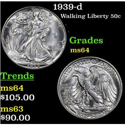 1939-d Walking Liberty Half Dollar 50c Grades Choice Unc