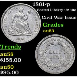 1861-p Seated Liberty Half Dime 1/2 10c Grades Select AU