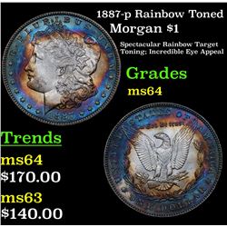 1887-p Rainbow Toned Morgan Dollar $1 Grades Choice Unc