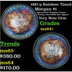 1887-p Rainbow Toned Morgan Dollar $1 Grades Choice+ Unc