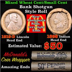 Mixed small cents 1c orig shotgun roll, 1919-d Wheat Cent, 1898 Indian Cent other end
