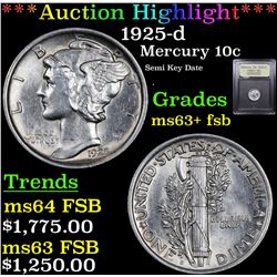 ***Auction Highlight*** 1925-d Mercury Dime 10c Graded Select Unc+ FSB By USCG (fc)