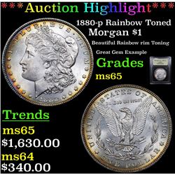 ***Auction Highlight*** 1880-p Rainbow Toned Morgan Dollar $1 Graded GEM Unc By USCG (fc)