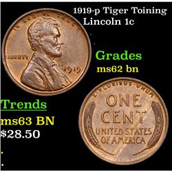 1919-p Tiger Toining Lincoln Cent 1c Grades Select Unc BN