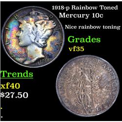 1918-p Rainbow Toned Mercury Dime 10c Grades vf++