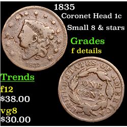 1835 Coronet Head Large Cent 1c Grades f details