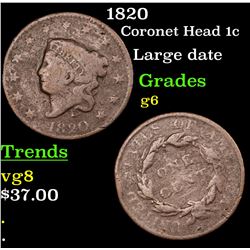 1820 Coronet Head Large Cent 1c Grades g+