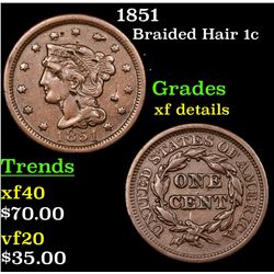 1851 Braided Hair Large Cent 1c Grades xf details