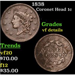 1838 Coronet Head Large Cent 1c Grades vf details