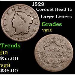 1829 Coronet Head Large Cent 1c Grades vg+
