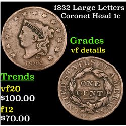 1832 Large Letters Coronet Head Large Cent 1c Grades vf details