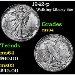 1942-p Walking Liberty Half Dollar 50c Grades Choice Unc