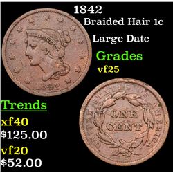 1842 Braided Hair Large Cent 1c Grades vf+