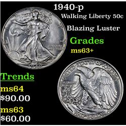 1940-p Walking Liberty Half Dollar 50c Grades Select+ Unc