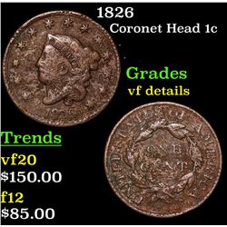1826 Coronet Head Large Cent 1c Grades vf details