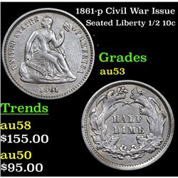 1861-p Civil War Issue Seated Liberty Half Dime 1/2 10c Grades Select AU