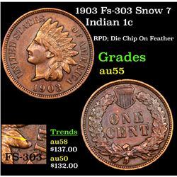 1903 Fs-303 Snow 7 Indian Cent 1c Grades Choice AU