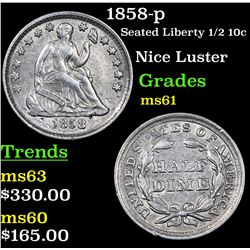 1858-p Seated Liberty Half Dime 1/2 10c Grades BU+