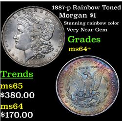 1887-p Rainbow Toned Morgan Dollar $1 Grades Choice+ Unc