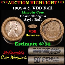 ***Auction Highlight*** Lincoln Wheat cent 1c orig roll, 1909-s one end, VDB rev other end, WOW! (fc