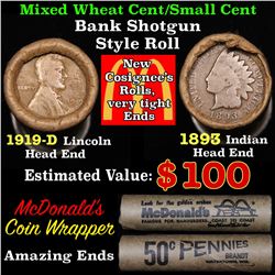 Mixed small cents 1c orig shotgun roll, 1919-d Wheat Cent, 1893 Indian Cent other end