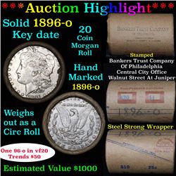 ***Auction Highlight*** Full solid Key date 1896-o Morgan silver dollar roll, 20 coins (fc)