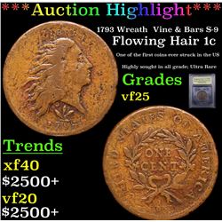 ***Auction Highlight*** 1793 Wreath  Vine & Bars S-9 Flowing Hair large cent 1c Graded vf+ By USCG (