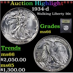 ***Auction Highlight*** 1934-d Walking Liberty Half Dollar 50c Graded GEM+ Unc By USCG (fc)