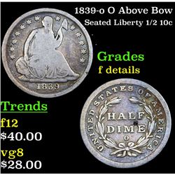 1839-o O Above Bow Seated Liberty Half Dime 1/2 10c Grades f details