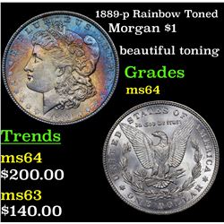 1889-p Rainbow Toned Morgan Dollar $1 Grades Choice Unc