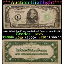 ***Auction Highlight*** 1934a $1000 San Fransisco Federal Reserve Note Fr221-L Grades vf+ (fc)