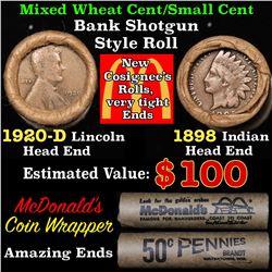 Mixed small cents 1c orig shotgun roll, 1920-d Wheat Cent, 1898 Indian Cent other end