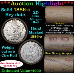 ***Auction Highlight*** Full solid Key date 1886-o Morgan silver dollar roll, 20 coins (fc)