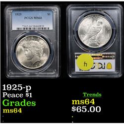 PCGS 1925-p Peace Dollar $1 Graded ms64 By PCGS